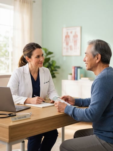 A professional doctor in a white coat consulting with a patient in a bright, modern clinic room, soft natural light, warm and reassuring atmosphere.