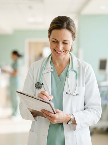 A professional doctor in clinical attire with a stethoscope, bright indoor lighting, soft mint and white tones, shallow depth of field
