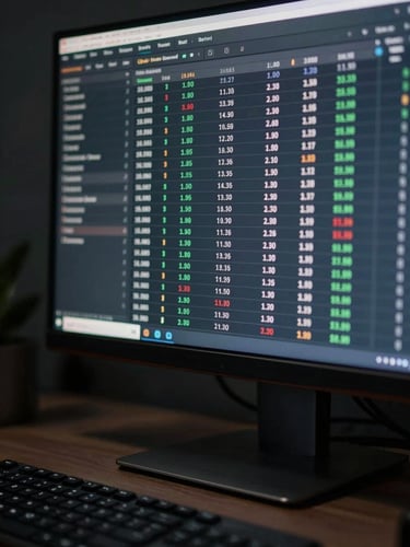 Extreme close-up of a financial dashboard on a wide monitor, columns of figures and a structured data table visible, cool studio lighting from the left, deep charcoal desk surface in the foreground, shallow depth of field