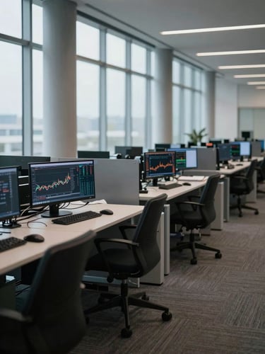 Wide shot of an empty executive trading floor, rows of dark monitors displaying financial data and charts, cool overcast light from floor-to-ceiling windows, architectural columns visible, deep depth of field, no people present