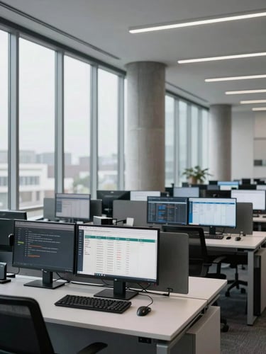 Wide-angle interior shot of a modern financial office, empty workstations with multiple monitors displaying compliance dashboards and regulatory data grids, cool overcast daylight entering from floor-to-ceiling windows on the left, structural concrete columns visible, minimal and precise