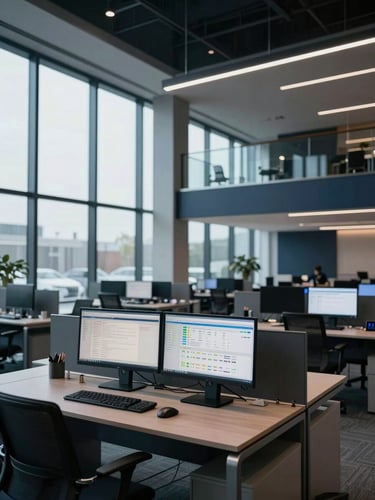 Wide-angle interior of a modern financial office, empty workstations with dual monitors displaying data dashboards, cool north-facing daylight through floor-to-ceiling glass, deep navy and charcoal architectural tones, no people present