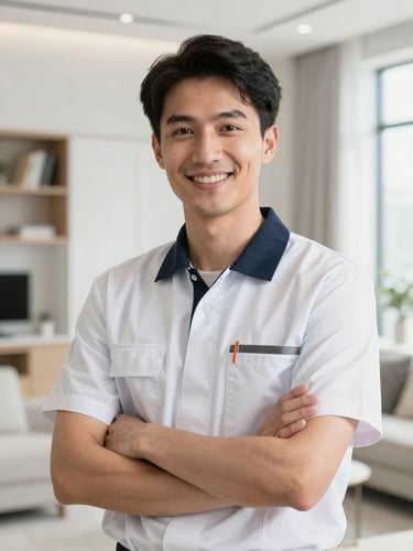A friendly, authentic technician in a clean uniform looking at the camera with a warm smile, modern bright UAE home background, high-key daylight