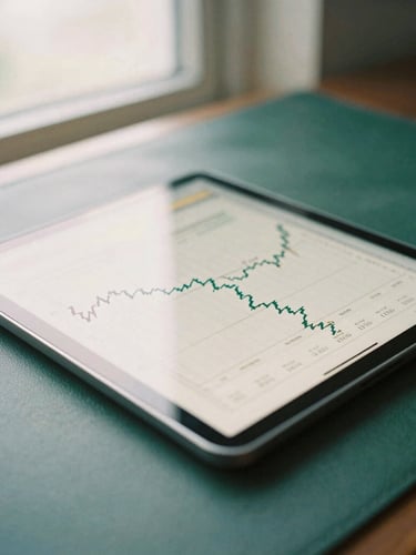 An editorial close-up of a tablet displaying clean financial charts on a dark green leather desk blotter, soft overcast light from a nearby window, professional 35mm photography.