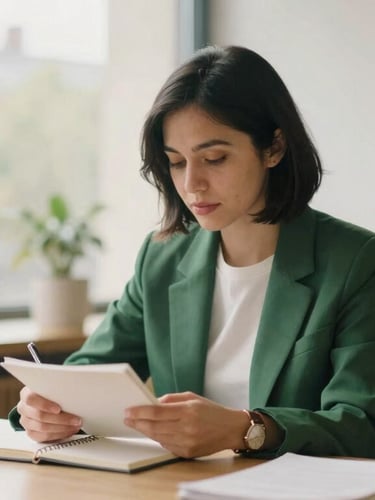 A professional personal finance creator writing notes in a warm, modern London library, soft natural daylight, 35mm film style