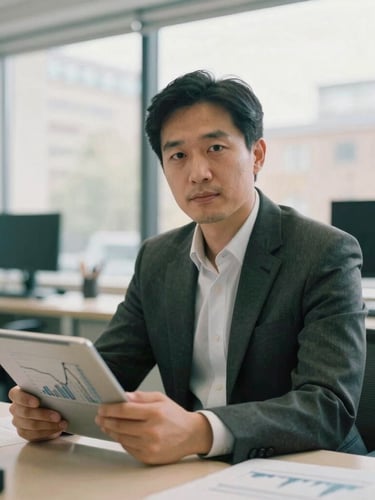Editorial portrait of a professional finance writer in a sunlit London office, holding a tablet with clean financial charts, 35mm film style