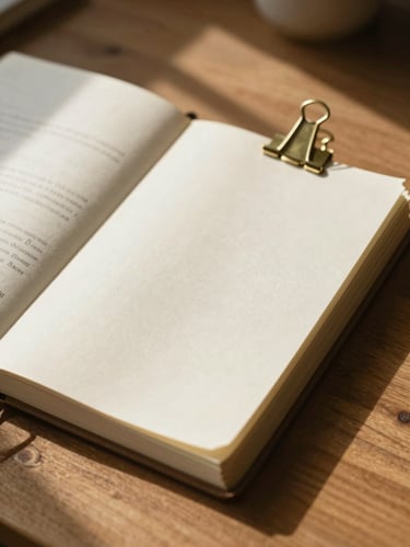 Overhead close-up of a seasonal printed journal on heavy cream paper, brass clips holding the pages open on a wooden desk, soft morning sunlight casting long shadows.