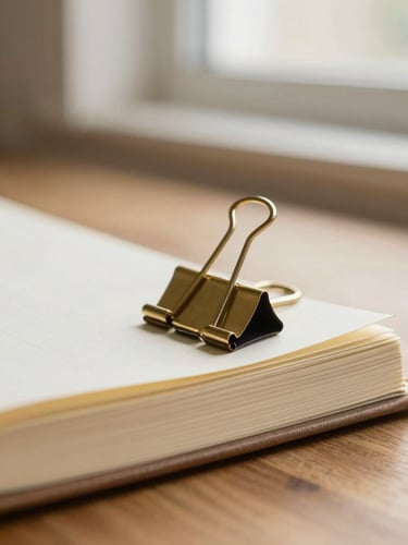 Macro detail of a brass clip holding open a textured paper journal on a wooden desk, soft morning window light, warm editorial photography, 35mm