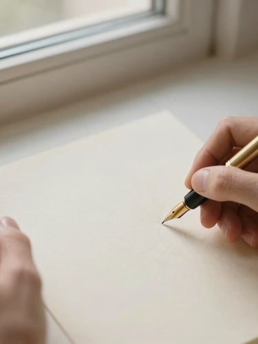 Overhead view of hands writing a letter on heavy cream cotton paper with a brass fountain pen, soft morning window light, warm editorial photography, 35mm