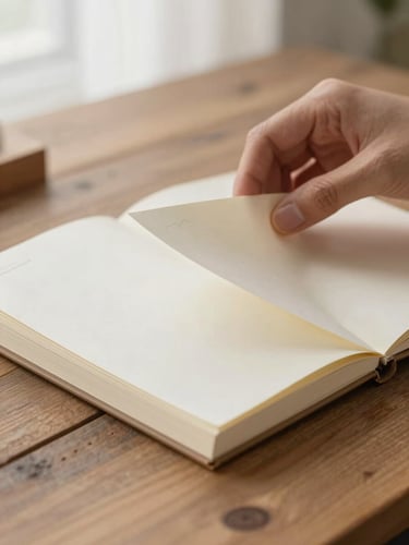 Hands carefully folding a printed heavy-stock paper journal insert on a rustic wooden desk, soft side-lighting, macro depth of field