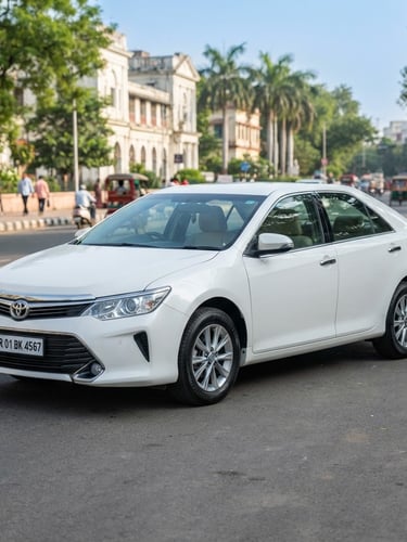 Three-quarter commercial shot of a spotless white sedan parked on a clean street in Patna, bright natural daylight, crisp details