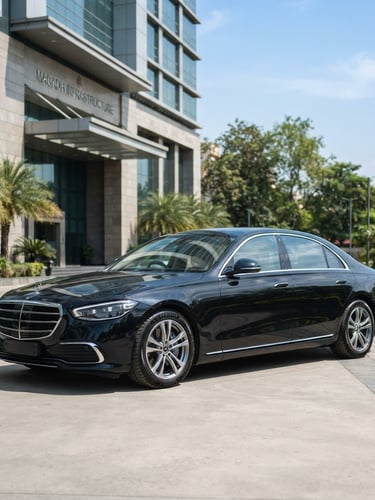 A spotless modern executive sedan parked in front of a clean, premium corporate office building in Patna, bright natural daylight, 35mm lens.