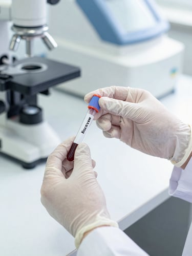 Close-up of a Krickview Lab phlebotomist's gloved hands carefully preparing a sterile blood collection tube, with modern diagnostic equipment visible in the background. Bright, clean natural daylight, crisp white and soft blue tones, shallow depth of field.