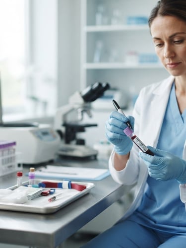 Professional phlebotomist in clean uniform preparing a blood sample in a modern, brightly lit laboratory, shallow depth of field, 35mm, crisp white and soft blue tones.