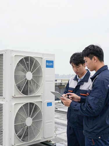 Technician reviewing diagnostic data on a tablet while inspecting a commercial HVAC unit on a rooftop, clean overcast daylight, cool desaturated tones.