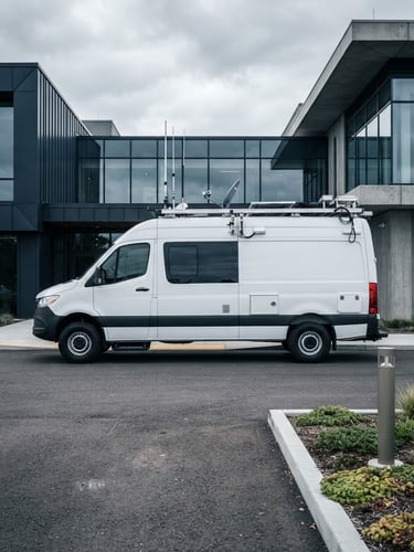 High-contrast industrial photograph of a clean, branded Absolute Potential LLC service vehicle with telemetry equipment, parked in front of modern architecture under overcast daylight, sharp focus.
