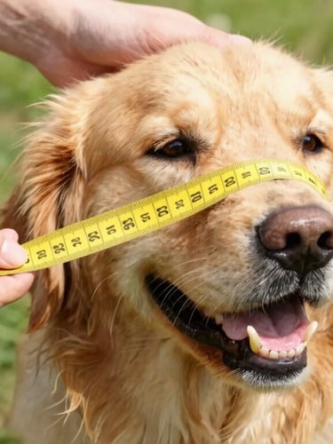 A close-up of hands gently measuring a happy golden retriever with a soft yellow measuring tape, bright natural daylight, focusing on the tape and the pet's calm expression