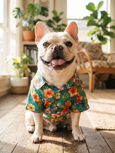 Bright joyful French Bulldog wearing a custom-tailored colorful tropical shirt, sitting happily in a sun-drenched living room, eye-level framing, 35mm