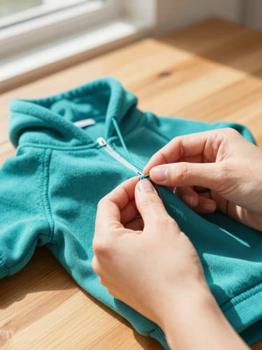 A close-up of hands carefully stitching a vibrant teal pet hoodie on a wooden table, warm sunlight spilling from a window, detailed fabric texture, shallow depth of field