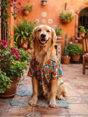 A happy golden retriever wearing a colorful handmade tropical shirt, sitting comfortably in a sunlit Mexican patio, warm natural light, 35mm