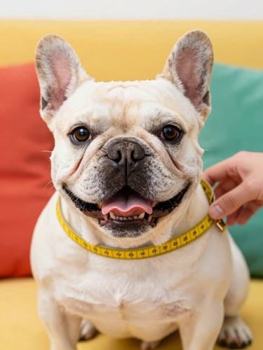 A happy French bulldog being measured gently with a soft yellow tailor tape by warm indoor lighting, close-up shot showing soft fabrics