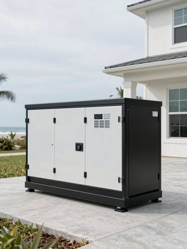Crisp industrial photography of a heavy-duty standby generator neatly installed on a raised concrete pad beside a modern coastal Florida home, bright overcast daylight, sharp focus.