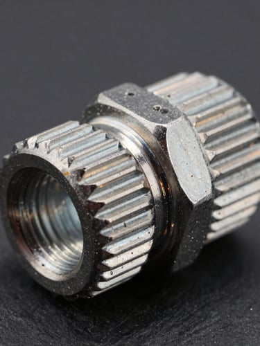 Extreme macro close-up of a threaded stainless steel M12 connector coupling, high-contrast industrial studio lighting with sharp orange reflections on metallic threads, dark slate background, 50mm