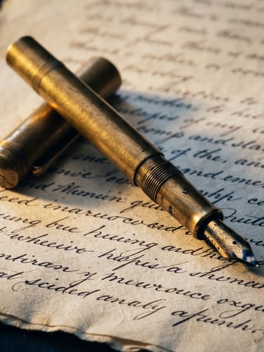 Macro shot of a classic brass fountain pen resting on a thick, textured legal document with elegant cursive writing, warm side-lighting, deep navy shadows.