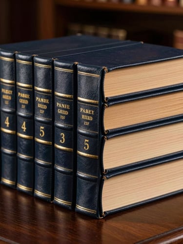 A close-up of leather-bound legal volumes stacked neatly on a dark mahogany desk, warm light catching the gold-embossed lettering on the spines.