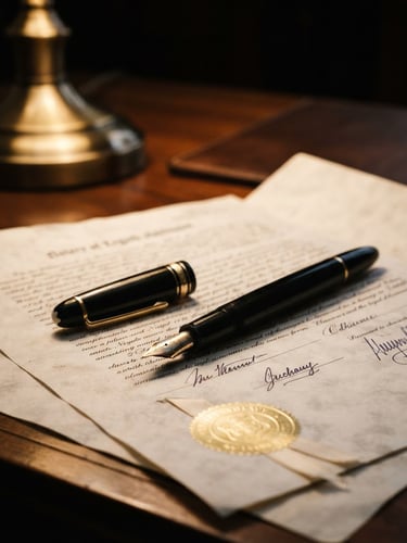 A warm editorial close-up of a classic fountain pen resting on a heavy legal document, warm desk lamp lighting, deep navy and gold tones, sharp focus, 50mm