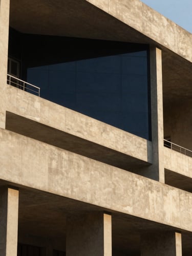 Architectural detail of the Gurugram District Court complex, concrete structures softened by warm afternoon sunlight, clean lines, professional atmosphere.