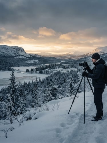 A wide portrait of a Finnish winter landscape at golden hour, a lone photographer standing in the right third, capturing the quiet, sharp light. High contrast, cool desaturated tones.