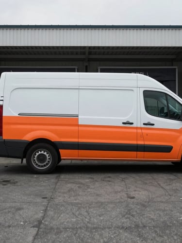 Industrial documentary photography, side view of a modern clean cargo van parked at an active loading dock, early morning overcast light, desaturated asphalt tones with safety orange details, 35mm lens.