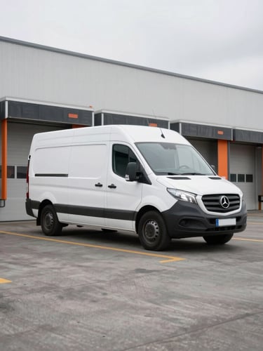 Industrial documentary photography, natural overcast daylight, a real cargo van parked at a clean modern loading dock, desaturated asphalt background with safety orange accents, 35mm lens