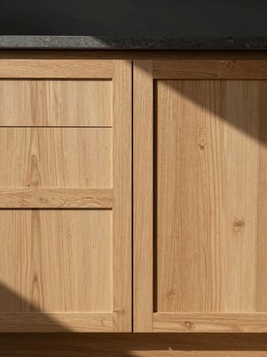 Straight-on architectural photograph of a custom natural oak kitchen cabinet, seamless joints, soft side daylight, rich textures, 35mm