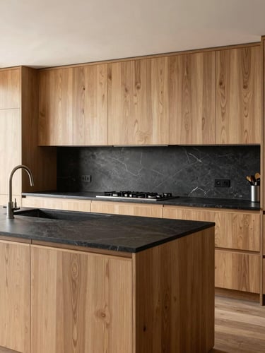 Wide architectural shot of a bright, modern custom kitchen with seamless oak cabinetry and integrated dark stone countertops, natural side daylight, rich textures, 35mm