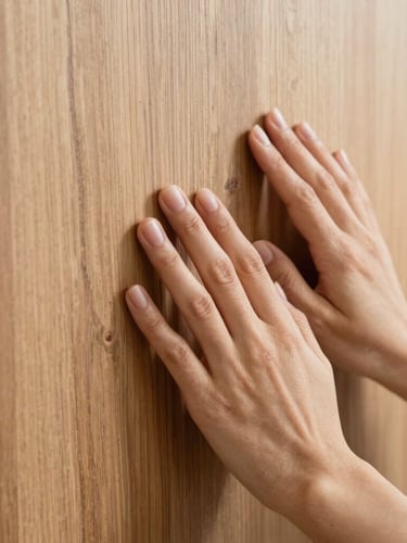 Close-up of hands touching a smooth natural oak wood panel, soft side daylight, macro focus, 35mm