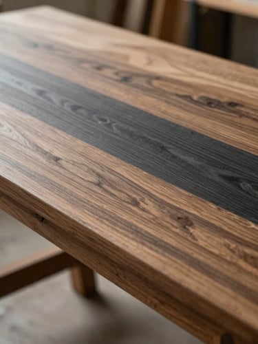 Close-up of raw natural oak wood textures on a modern carpenter bench, soft side daylight, sharp focus, 35mm architectural photography