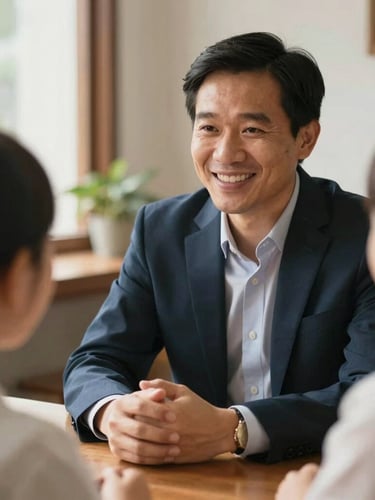 Close-up portrait of a Vietnamese financial consultant, genuine and approachable, conversing warmly with a family at a wooden table, hands holding, soft natural morning light, shallow depth of field, authentic moments, warm editorial photography.