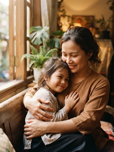 Portrait of a warm Vietnamese family, a mother gently embracing her child, soft morning light filtering through a window, rich warm tones, shallow depth of field, authentic moment, warm editorial photography.