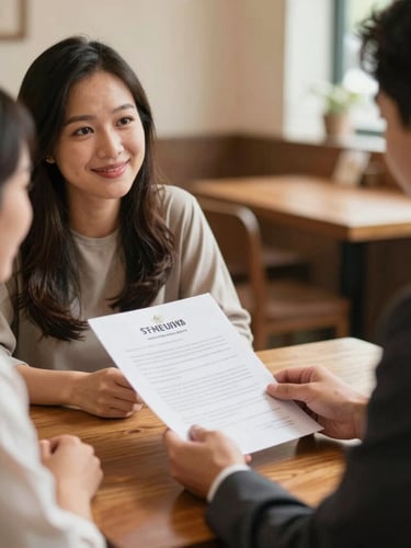 Consultant warmly conversing with a Vietnamese couple over a wooden table, hands holding a policy document, soft indoor ambient lighting, genuine expressions of understanding and trust, warm editorial photography.