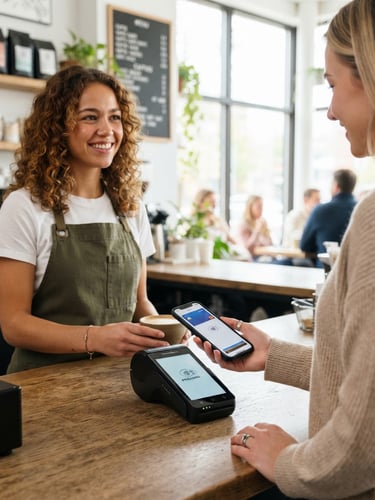 Close-up of a local barista smiling as a customer taps their phone to pay on a sleek black TerminalExpress mPOS device, bright natural light, modern retail environment