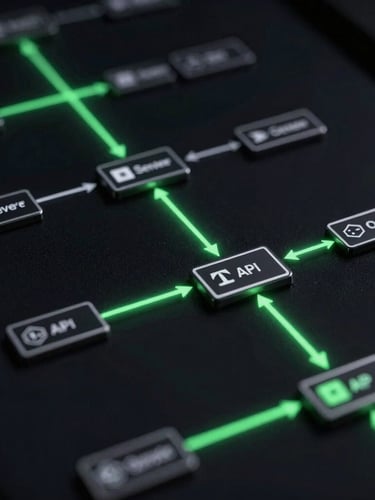 A technical flowchart diagram of a server-side conversion API pipeline, showing data flowing from a server to ad networks, glowing electric green lines on a dark background