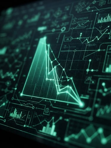 Macro close-up of a high-fidelity dark-mode analytics dashboard showing conversion drop-offs, illuminated by electric green screen glow, high contrast, technical diagram overlay.
