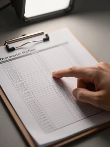 Close-up of a printed rate sheet on a clipboard, a hand pointing to a specific interest-rate row, soft studio light from above, warm gray desk surface visible at edges