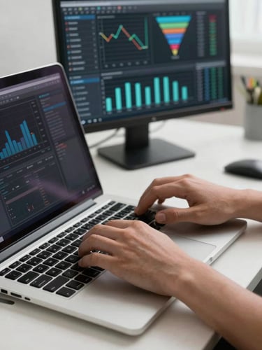 Close-up of hands typing on a laptop keyboard, a secondary monitor behind showing a live analytics dashboard with bar charts and funnel metrics, clean studio lighting, no people visible above the wrists, stark white desk surface