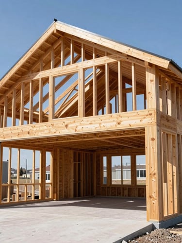 Sharp architectural photo of a newly framed modern garage under a bright, high-contrast Calgary sky, crisp natural daylight highlighting heavy-duty timber joints.