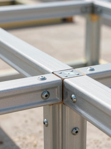 Macro close-up of heavy-duty double-stud garage framing joints and structural hardware, sharp natural daylight.