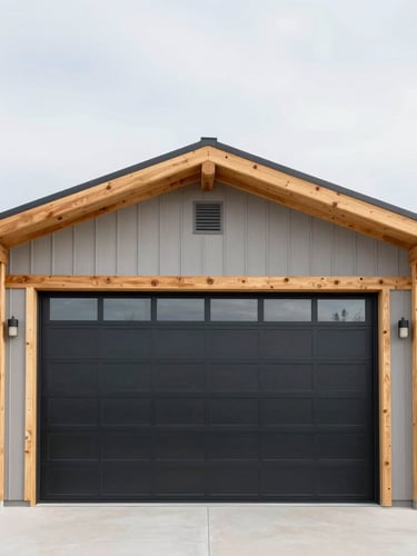 Sharp architectural shot of a newly constructed modern garage with heavy-duty timber framing under a bright, high-contrast Calgary sky.