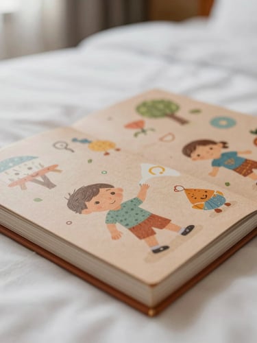 Tactile close-up of a beautifully printed children's activity book lying on a crisp white hotel bed, soft natural daylight, warm terracotta accents on the cover illustration, shallow depth of field, 35mm